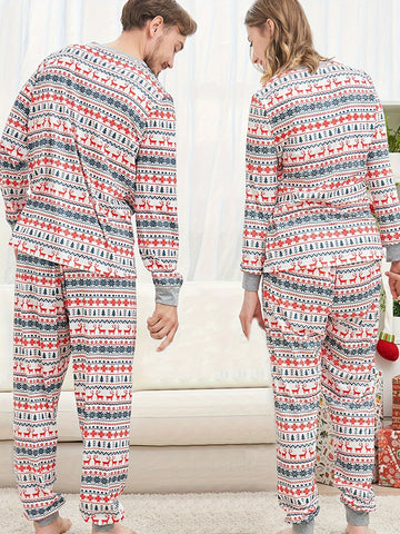 2Pcs Ms Christmas Pjs Matching Sets, Reindeer And Snowflake Patterned Mom Sleepwear Kit, Xmas PJS Set For Couples(Long Sleeved Clothes long Pants)