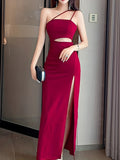 Elegant One-Shoulder Split Hem Dress - Bodycon, Stretch Fabric, Machine Washable - Perfect for Valentine's Day