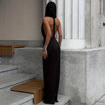 Solid Deep V-neck Hooded Dress, Elegant Backless Maxi Length Dress For Party