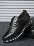 Men's Casual Dress Shoes, Fashion Embroidery PU Leather Shoes, Plaid Lace-up Color Block Business Shoes - MapleCo