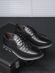 Men's Casual Dress Shoes, Fashion Embroidery PU Leather Shoes, Plaid Lace-up Color Block Business Shoes - MapleCo