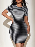 SHEIN SXY Striped Crew Neck Bodycon Dress - MapleCo