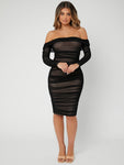 SHEIN SXY Off Shoulder Ruched Mesh Overlay Bodycon Dress