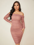 SHEIN SXY Off Shoulder Ruched Mesh Overlay Bodycon Dress