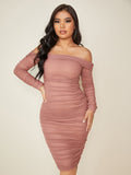 SHEIN SXY Off Shoulder Ruched Mesh Overlay Bodycon Dress