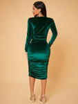 SHEIN SXY Spring Deep V Neck Ruched Velvet Party Green Bodycon Long Sleeve Dress