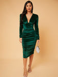 SHEIN SXY Spring Deep V Neck Ruched Velvet Party Green Bodycon Long Sleeve Dress