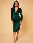 SHEIN SXY Spring Deep V Neck Ruched Velvet Party Green Bodycon Long Sleeve Dress