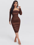 SHEIN SXY Off Shoulder Ruched Mesh Overlay Bodycon Dress