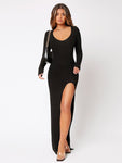 SHEIN SXY Spring And Summer Thigh-High Slit Scoop Neck Flirty Tight Black Long-Sleeved Dress