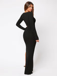 SHEIN SXY Spring And Summer Thigh-High Slit Scoop Neck Flirty Tight Black Long-Sleeved Dress