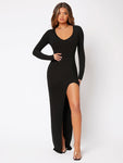 SHEIN SXY Spring And Summer Thigh-High Slit Scoop Neck Flirty Tight Black Long-Sleeved Dress