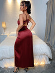 SHEIN Belle Burgundy Red Back Tie Pleated Side Wrap Hem Slit Satin Camisole Elegant Wedding Guest Dress