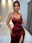 SHEIN Belle Burgundy Red Back Tie Pleated Side Wrap Hem Slit Satin Camisole Elegant Wedding Guest Dress