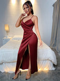 SHEIN Belle Burgundy Red Back Tie Pleated Side Wrap Hem Slit Satin Camisole Elegant Wedding Guest Dress