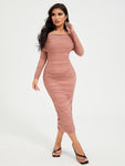 SHEIN SXY Spring And Summer Elegant White Long-Sleeved Off-Shoulder Pleated Mesh Bodycon Dress