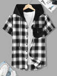 Manfinity Hypemode Men Plaid Patched Pocket Drawstring Hooded Shirt Without Tee, Slim Fit Short Sleeve Button Up Color Block Shirt - MapleCo