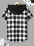 Manfinity Hypemode Men Plaid Patched Pocket Drawstring Hooded Shirt Without Tee, Slim Fit Short Sleeve Button Up Color Block Shirt - MapleCo