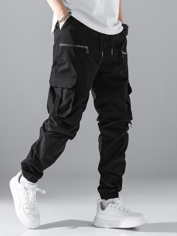 Manfinity Loose Fit Men's Cargo Trousers With Flap Pocket Design Side Drawstring Waist Long Plain Black Going Out