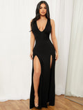 SHEIN SXY Summer Black Slit Thigh Deep V-Neck Tight Coquettish Dress