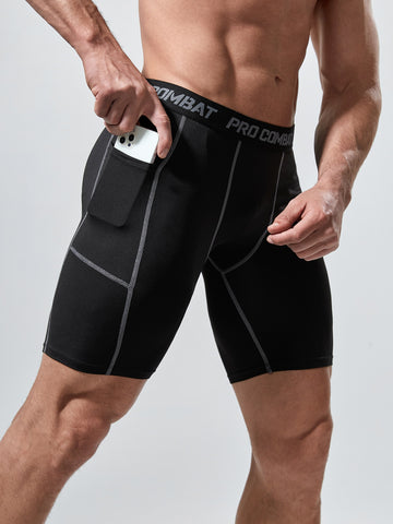 Manfinity Fitness Men Top-Stitching Contrast Letter Tape Sports Tights With Phone Pocket Legging Shorts