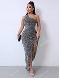 Joyfunear One Shoulder Wrap Split Thigh Sequin Formal Dress Elegant Prom Evening Wedding Guest Gown, For Graduation, Dinner