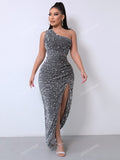 Joyfunear One Shoulder Wrap Split Thigh Sequin Formal Dress Elegant Prom Evening Wedding Guest Gown, For Graduation, Dinner