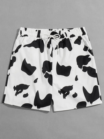 ROMWE Street Life Men Cow Print Drawstring Waist Shorts, School