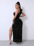 Joyfunear One Shoulder Wrap Split Thigh Sequin Formal Dress Black Elegant Prom Evening Wedding Guest Gown, For Graduation, Dinner