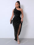 Joyfunear One Shoulder Wrap Split Thigh Sequin Formal Dress Black Elegant Prom Evening Wedding Guest Gown, For Graduation, Dinner