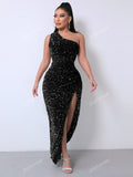 Joyfunear One Shoulder Wrap Split Thigh Sequin Formal Dress Black Elegant Prom Evening Wedding Guest Gown, For Graduation, Dinner