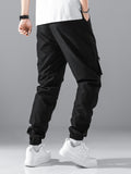 Manfinity Hypemode Men Letter Graphic Drawstring Cargo Loose Pants Long Plain Black Going Out