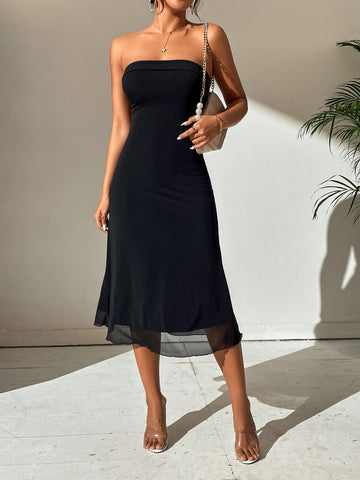 SHEIN Privé Spring Break Solid Backless Tube  Off Shoulder Long Summer Bodycon Long Black Dress