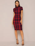 SHEIN Privé Mock-Neck Plaid Form Fitted Dress