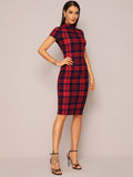 SHEIN Privé Mock-Neck Plaid Form Fitted Dress