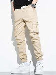 Manfinity Hypemode Men Letter Patched Flap Pocket Cargo Pants Tapered Plain Khaki Going Out