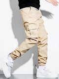 Manfinity Hypemode Men Letter Patched Flap Pocket Cargo Pants Tapered Plain Khaki Going Out