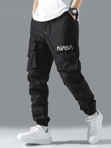 Manfinity Hypemode Men Letter Graphic Drawstring Cargo Loose Pants Long Plain Black Going Out - MapleCo