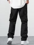 Manfinity EMRG Loose Men's Cargo Pants With Drawstring Waist Baggy Long Plain Black Going Out - MapleCo