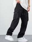 Manfinity EMRG Loose Men's Cargo Pants With Drawstring Waist Baggy Long Plain Black Going Out - MapleCo