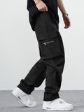 Manfinity EMRG Loose Men's Cargo Pants With Drawstring Waist Baggy Long Plain Black Going Out - MapleCo