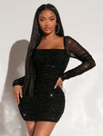 SHEIN SXY Square Neck Ruched Sequin Mesh Bodycon Dress