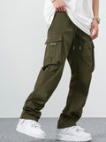 Manfinity EMRG Loose Men's Cargo Pants With Drawstring Waist Baggy Long Plain Black Going Out - MapleCo