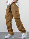 Manfinity EMRG Loose Men's Cargo Pants With Drawstring Waist Baggy Long Plain Black Going Out - MapleCo