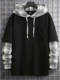 Manfinity Homme Loose-Fit Men's Color Block Plaid Pattern Drop-Shoulder Long Sleeve Going Out Casual Hoodie With Drawstring And Front Pocket Design, Boyfriend Gift