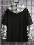 Manfinity Homme Loose-Fit Men's Color Block Plaid Pattern Drop-Shoulder Long Sleeve Going Out Casual Hoodie With Drawstring And Front Pocket Design, Boyfriend Gift