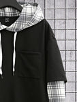 Manfinity Homme Loose-Fit Men's Color Block Plaid Pattern Drop-Shoulder Long Sleeve Going Out Casual Hoodie With Drawstring And Front Pocket Design, Boyfriend Gift