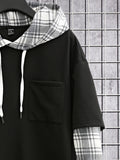 Manfinity Homme Loose-Fit Men's Color Block Plaid Pattern Drop-Shoulder Long Sleeve Going Out Casual Hoodie With Drawstring And Front Pocket Design, Boyfriend Gift