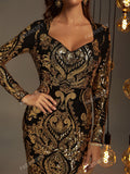 Sweetheart Neck Sequin Mermaid Prom Dress Elegant Long Sleeve Formal Evening Wedding Guest Gown, For Graduation, Dinner