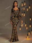 Sweetheart Neck Sequin Mermaid Prom Dress Elegant Long Sleeve Formal Evening Wedding Guest Gown, For Graduation, Dinner